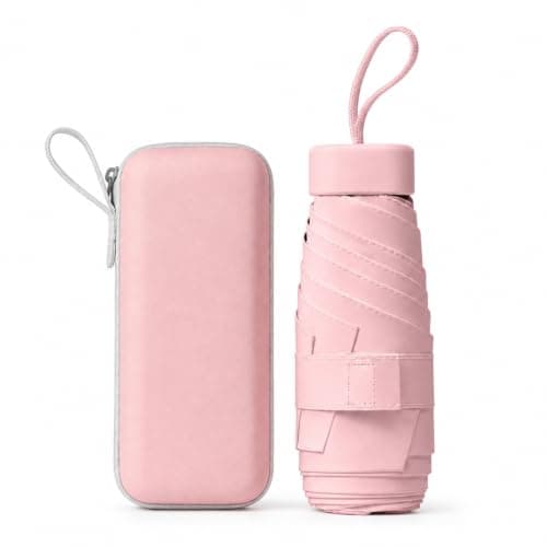 WHJYCC Mini Travel Umbrella, UPF 50+, 6-Rib, Pink, with Zip Case