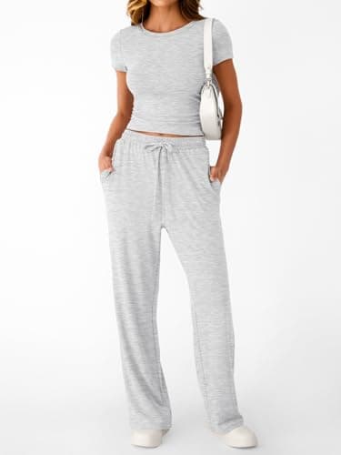 LILLUSORY 2 Piece Lounge Wear Sets for Women UK Summer Vacation Travel Outfit Airport Casual Elastic Waisted Wide Leg Trousers Co Ord Sets Dressly Capsule Wardrobe Clothing 2026 Oatmeal Grey XL — view 2