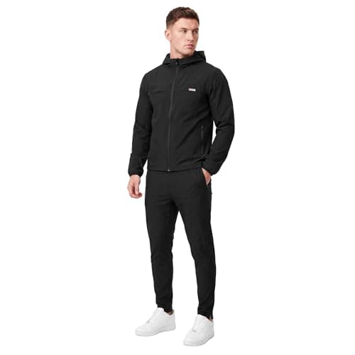 Spindle Men’s 2-Pack Premium Performance Tracksuit Twinset – Tech Bi-Stretch Athletic Hooded Jacket & Jogger Pants Sweatshirt Bundle, Breathable Cotton Poly Training Gym Sweatsuit Set (Black)