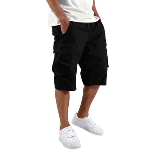 Cbebvwl Men's Cargo Shorts Drawstring Waist Multi Pockets Cotton Loose Fit Casual Work Outdoor Sports Solid Color Summer Beach Shorts with Big Side Pockets Black M
