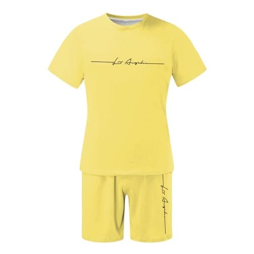 Generisch Men's Jogging Suit, Short 2-Piece Comfortable T-Shirt & Shorts Set, Cotton Mix, Oversized Street Print, Breathable, Sports, Leisure Outfit for Training, Streetwear, Travel, Yellow-2, M — view 4