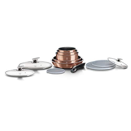 12 Pcs Colorful Space Saving Cookware Frying Pan Sauce Pan Casserole Pot Set Induction Lid Handles (Rose Gold) — view 6