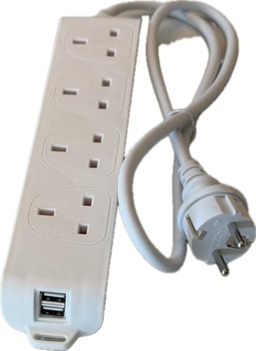 UK to Europe Schuko Type E/F Travel Adaptor Extension 4 Way with 2 x USB sockets for France, Germany, Italy, Spain, all EU countries.