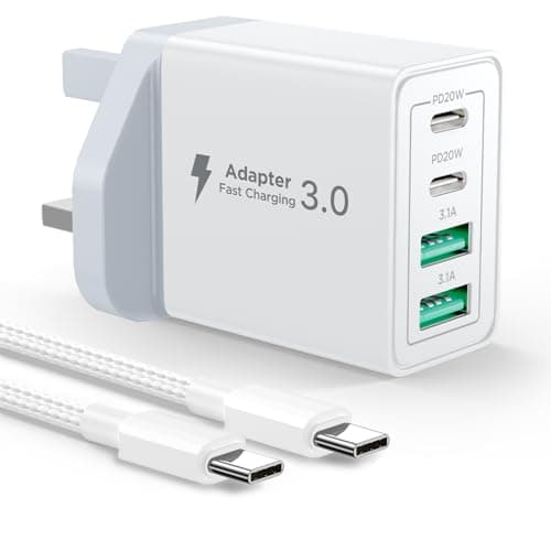 USB C Plug, 40W 4-Port Fast Charger Plug UK With USBC to USB C 2M, Multi USB Charger Dual Port PD Power Adapter +QC Wall Charger Multiport Mains Type C Charging for iPhone, Samsung, iPad