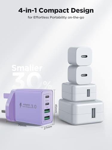 USB C Plug,40W 4-Port Fast USB C Charger Plug Dual Port PD Power Adapter + QC Mains Wall Chargers Type C Charger Plug for iPhone 16 15 14 13 12 Pro Max 8 iPad, Samsung — view 5