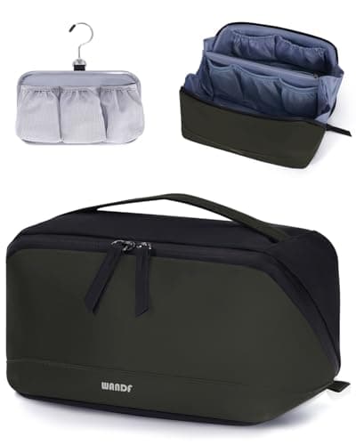 WANDF Toiletry Bag for Men Travel Wash Bag PU Leather Toiletry Organizer with Detachable Waterproof Hanging Pouch Open-Flat Dopp Kit Shaving Bag with Wet Pocket for Travel Accessories (Army Green)