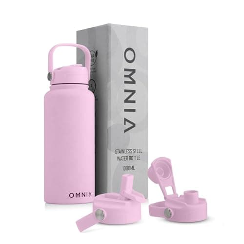 OMNIA NUTRIENTS Vacuum Insulated Stainless Steel Water Bottle, 2 Lids (Straw & Spout) Leakproof, BPA-Free, Reusable Flask Ideal for Travel and Outdoors (Soft Pink - 1000 ml)