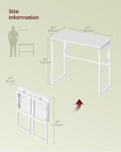 VASAGLE Folding Desk, Foldable Computer Desk, One-Piece Desktop Top, Rounded Edges, Small Home Office Writing Table for Bedroom, Balcony, Camping, Easy Assembly, 80 x 40 cm, Snow White LWD151WF01 — view 3
