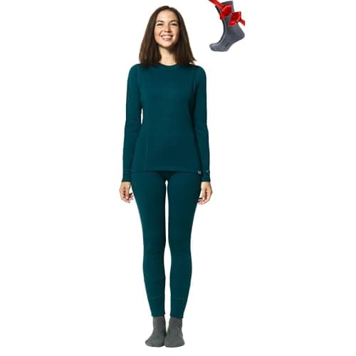 100% Merino Wool Base Layer Womens Set - Thermal Underwear Womens + Socks (Medium, 320 Deep Teal)