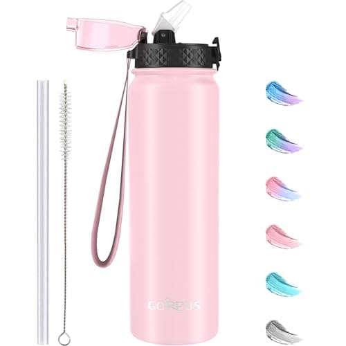 GOPPUS 1L/32oz Stainless Water Bottle with Straw Double Wall Insulated Bottles with Strap Reusable Vacuum Thermal Flask Leakproof Keep Cold Drinks Bottles with Flip Top Lid BPA Free (Pink)