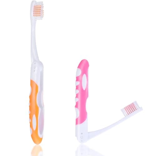2 Pcs Travel Toothbrush, Soft Folding Toothbrush, Mini Toothbrushes for Travel Camping Hiking (Orange and Pink)
