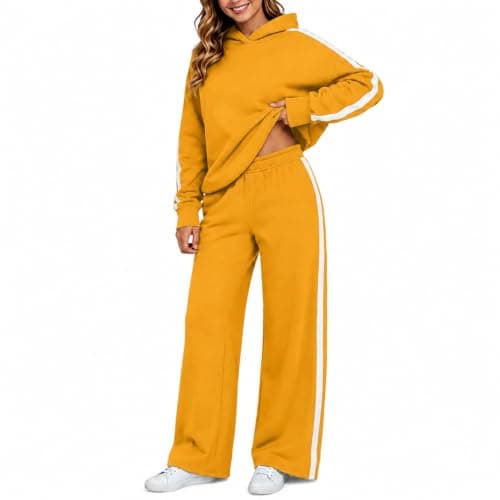 Womens Yellow 2 Piece Outfit Pullover Hoodie and Wide Leg Trousers — view 4