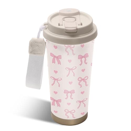 NEIUJADK Pink Bow Tumbler Stainless Steel 2-in-1 Lid Coffee Tumbler 18 oz Coquette Bow Print Insulated Travel Coffee Mug Bows Water Bottle for Women Girls Birthday Christmas