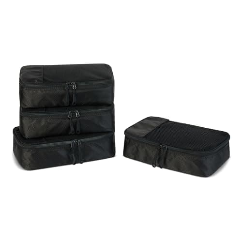 Amazon Essentials 4-Piece Packing Cubes Travel Accessories Set, Luggage Organiser with Double Zip, Mesh Top, Polyester, Small, Black (Previously Amazon Basics)
