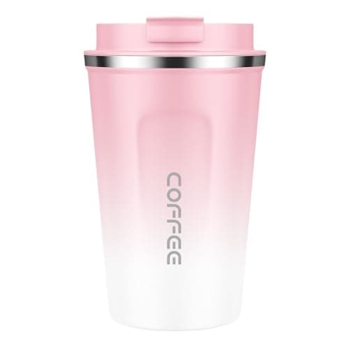 MOMSIV Coffee Cup, 380ml Vacuum Reusable Leakproof Double Wall Coffee Cup, Insulation Stainless Steel Eco-Friendly Travel Office Mug for Hot Coffee Tea and Cold Drinks, Pink