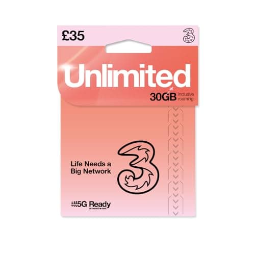 THREE 4G/5G SIM Card UK & ROAM FREE in over 70 destinations - PREPAID PAYG £35 Bundle - UNLIMTED DATA + Texts & Mins - ROAMING ALLOWANCE 30GB + International Calling Option - (Love2surf RETAIL PACK)