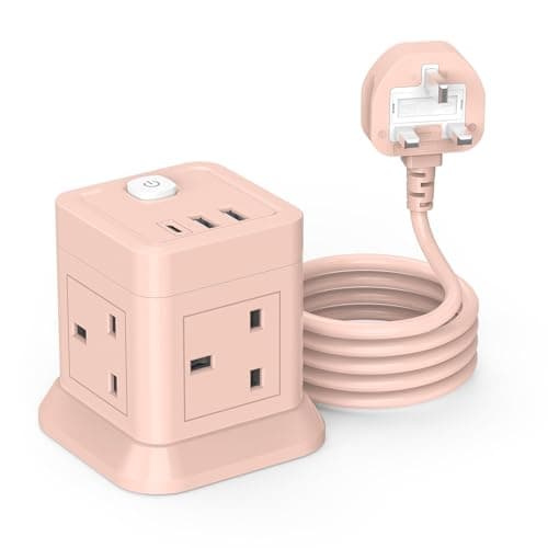 Cube Extension Lead with USB Slots, BEVA 4 Way Multi Plug Power Strip with 3 USB Ports, 3M Desktop Power Extension Socket Extension Cords for Home Dorm Office Travel-Pink
