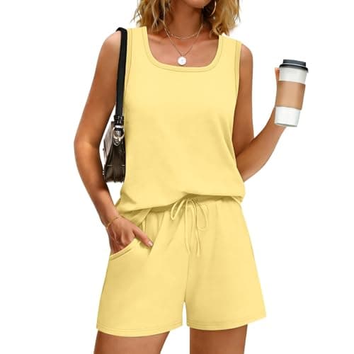 Coord Sets for Women UK Yellow Square Neck Vest Tops and Wide Leg Shorts 2 Piece Travel Airport Outfits Casual Pyjamas Loungewear Leisure Suits Activewear Streetwear UK 12 — view 3