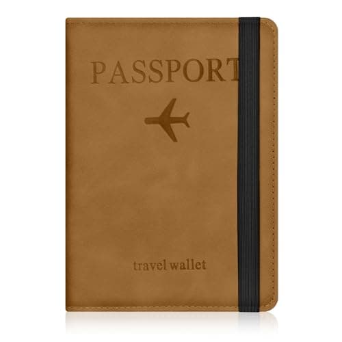 AOOSU Passport Holder Cover, PU Leather Passport Cover with RFID Blocking Travel Wallet, Portable Universal Travel Wallet Case Organiser for Money, Boarding Passes, Credit Cards Yellow-Brown