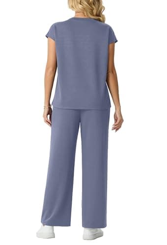 GRECERELLE Two Piece Outfits Women Summer Travel Vacation Tracksuit Womens Full Set Short Sleeve Casual Crew Neck Cap Sleeve Front Plisse Matching Sets Wide Leg Pants (Haze Blue, S) — view 5