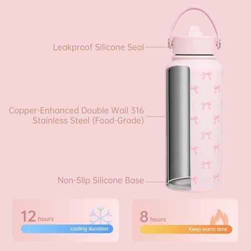 Pink Bow Water Bottle 1L (32oz) Insulated Water Bottle Stainless Steel Pink Girls Water Bottle with Straw for Women Girls, Birthday and Back to School Gift — view 3