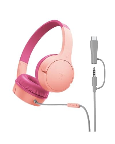 Belkin SoundForm Mini Kids Wired Headphones with USB-C to 3.5mm Dongle, Built-in Mic & Fun Stickers, 85dB Max Volume – for Online Learning, Travel, Compatible with iPhone, iPad, Galaxy, etc - Pink