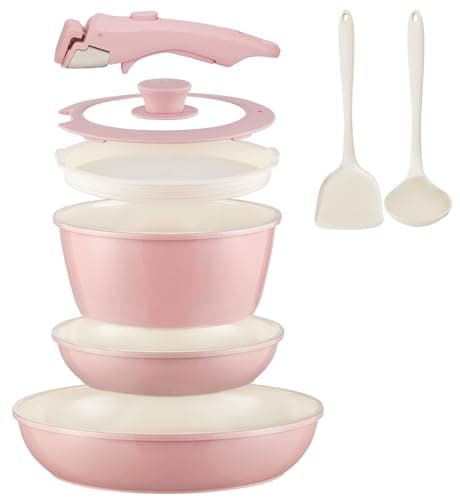 COICUR Ceramic Cookware Set Non Stick 8Pcs Pots and Pans Set Removable Handle Induction Kitchen Cookware Set with Frying Pans Oven Safe, Light Pink