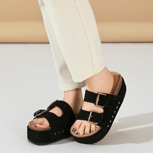 Women's Platform Sandals Cork Footbed Adjustable Double Buckle Slides — view 3