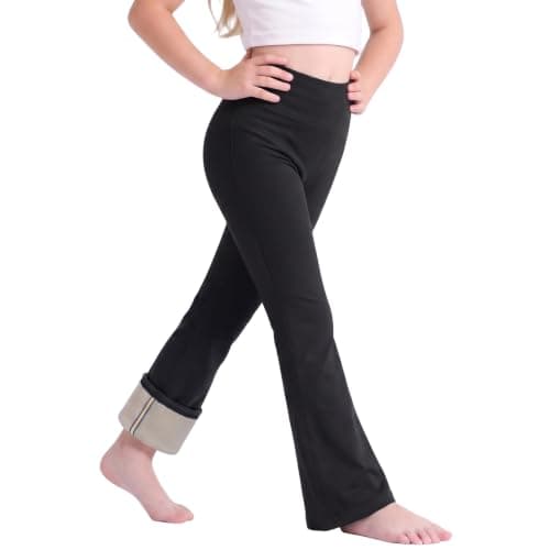 Sahunfri Girls Fleece Lined Flared Leggings Kids School Trousers Black