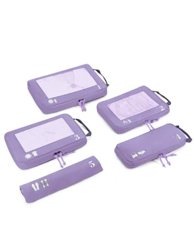 ECOHUB 5 Set Compression Packing Cubes for Suitcases Organiser Bags Travel Accessories with Shoes Bag Tear-resistant Travel Cubes with ID Tag Expandable Packing Bags (Purple)