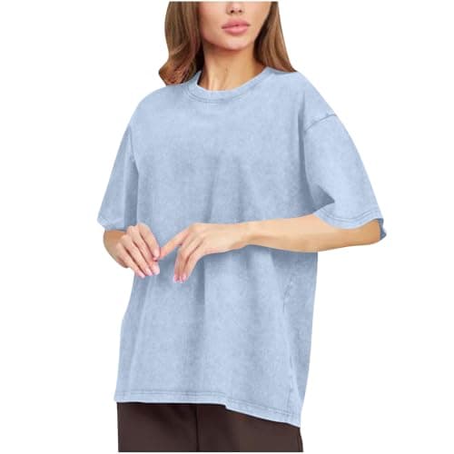 Women's T-Shirts Heavy Cotton Tops Basic Short Sleeve Round Neck Tees Washed Oversized Elegant Womens Baggy Oversized T Shirts Walking Holiday Travel Y2K Clothes Plus Size Light Blue — view 2