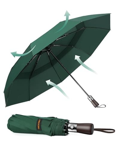 TECKNET Umbrella Windproof Strong Real Wood Handle Auto Open Close Vented Double Canopy - Portable Compact Folding Travel Umbrella, Strong Fiberglass Frame for Men and Women