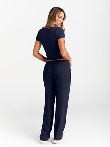 LILLUSORY 2 Piece Lounge Wear Sets for Women UK Vacation Travel Outfit Airport Casual Elastic Waisted Wide Leg Trousers Co Ord Sets Dressly Capsule Wardrobe Clothing 2026 Navy S — view 4