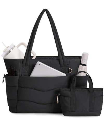 Wandering Nature Tote Bags for Women with Zipper, Set of 2 Shoulder Handbags with 15.6 Inch Laptop Compartment & Water Bottle Pocket for Work School Travel College,Black (Patent Pending)