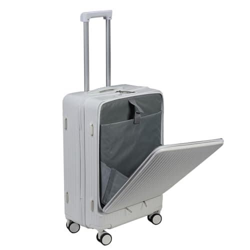 cadciehe 24in Aluminium Frame Hardside Expandable Spinner Wheel Luggage, Front Open Carry on Luggage, Built-in Lock Carry on Suitcase, with Cup Holder & USB Type-C Charging Port & Phone Stand White — view 2