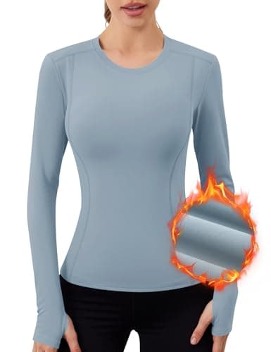IECCP Plus Size Womens Thermal Tops Fleece Lined Shirt Long Sleeve Base Layer Long Sleeve Workout Running Athletic Shirts with Thumb Holes Moisture Wicking Gray Blue XL