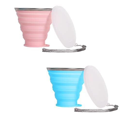 xocome Foldable Cup, 250 MLReusable Food Grade Folding Mug with Lids, Expandable Retractable Drinking Set, Portable, Pocket Size for Outdoor Camping Travel and Hiking(2 Pack)
