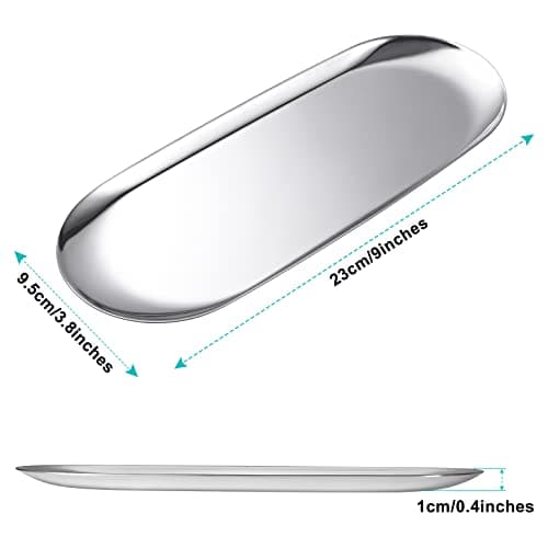 Set of 2 Multi-Purpose Oval Stainless Steel Tray – Mirror-Polished,Jewelry & Perfume Storage, Bathroom Organizer, Coffee Table Tray, Candle Display, 23cm x 9.5cm, Silver — view 6