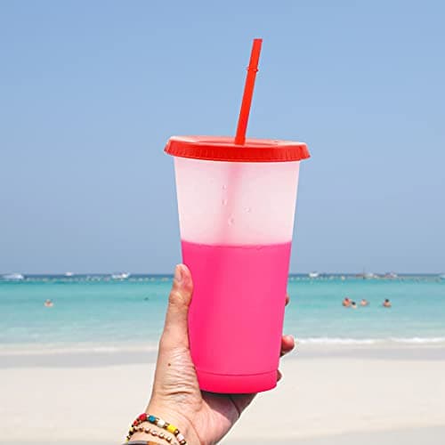 CUJIM Reusable Color Changing Cup - 5 Pack 24oz Travel Iced Coffee Mug Tumbler with Straw Lid,Plastic Smoothie Milkshake Bottle Magic Cold Drink Party Water Cups & Go Cup for Kids Adults — view 3