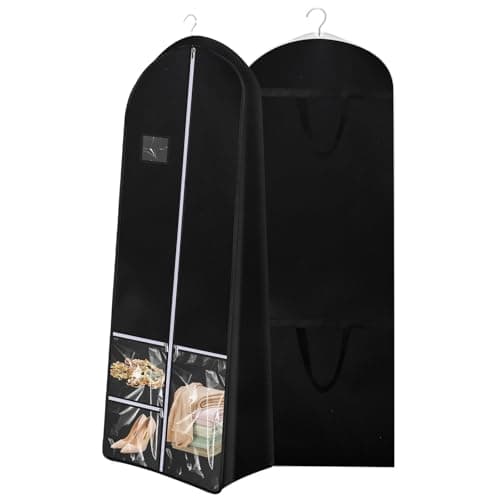 Long Dress Garment Bags, 180x60cm Folding Clothes Covers with 4 Pockets, Clothes Covers Protector Bags with Zipper, Dustproof Clothing Bag for Wedding Coat Gowns Dresses Suits Jackets Storage, Black