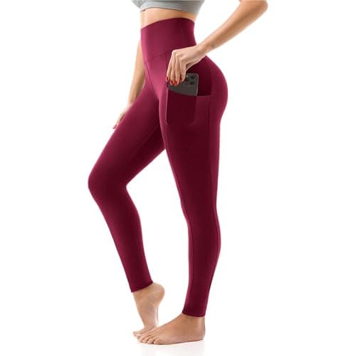 SINOPHANT Womens Leggings with Pockets High Waisted Burgundy L-XL