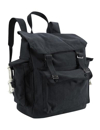 Vintage Canvas Backpack Webbing Rucksack 100% Cotton Army Style Satchel with Side Pockets - Work Travel School Bag - Black