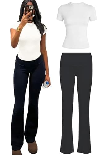 YETOWA Women's Yoga 2 Piece Outfits: Slim Short Sleeve Tops & Low Rise Flare Leggings Sets Versatile Fitness Sweatsuit, White Top+black Leggings, Medium