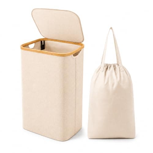 Bamboo Laundry Basket, Removable Bag, Foldable Clothes Hamper, Beige, 55L