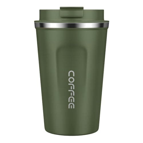 MOMSIV Coffee Cup, 380ml Vacuum Reusable Leakproof Double Wall Coffee Cup, Insulation Stainless Steel Eco-Friendly Travel Office Mug for Hot Coffee Tea and Cold Drinks (Green)