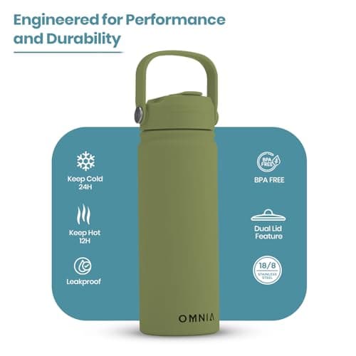 OMNIA NUTRIENTS Vacuum Insulated Stainless Steel Water Bottle, 2 Lids (Straw & Spout) Leakproof, BPA-Free, Reusable Flask Ideal for Travel and Outdoors (Olive Green - 540 ml) — view 2