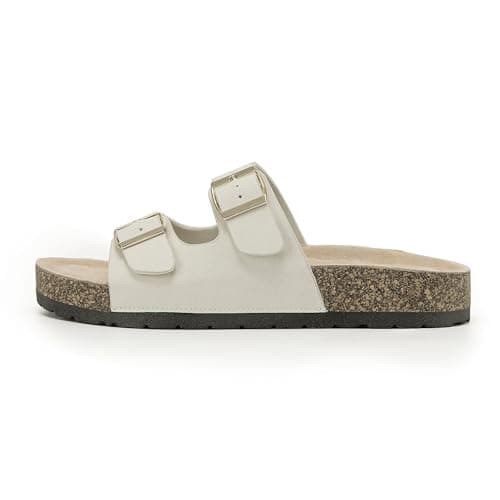 VIVASHOES Women’s Double Buckle Cork Footbed Sandals - Adjustable Flat Slide Sandals for Ladies - Comfortable Open Toe Summer Slippers - Cream UK 4 — view 3