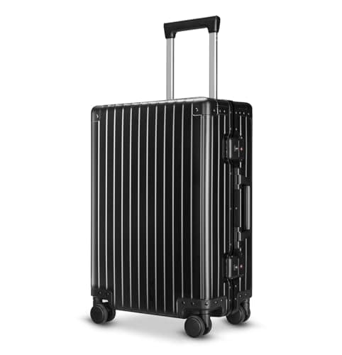 All Aluminum Hardshell Luggage with Lock, Zipperless Hardside Carry on Suitcase with Spinner Wheels, Checked Aluminium Suitcase Metal Rolling Luggage Case for Business, Travel (Black, 24 inch)