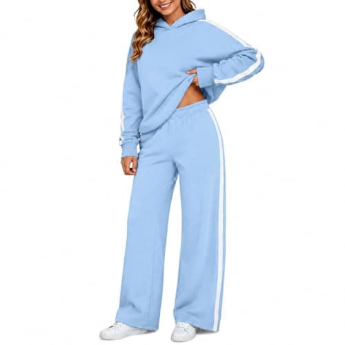 Womens Sky Blue 2 Piece Outfit Pullover Hoodie and Wide Leg Trousers — view 4