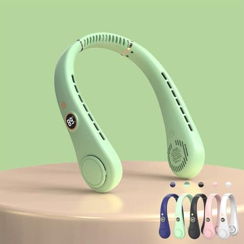 Bladeless Neck Fan, USB Rechargeable Hands-Free Portable Fans with LED Display, 5 Speeds Operated Adjustable 360° Airflow Cooling Wearable Fan for Men Women Sporting Travelling Working (Green)